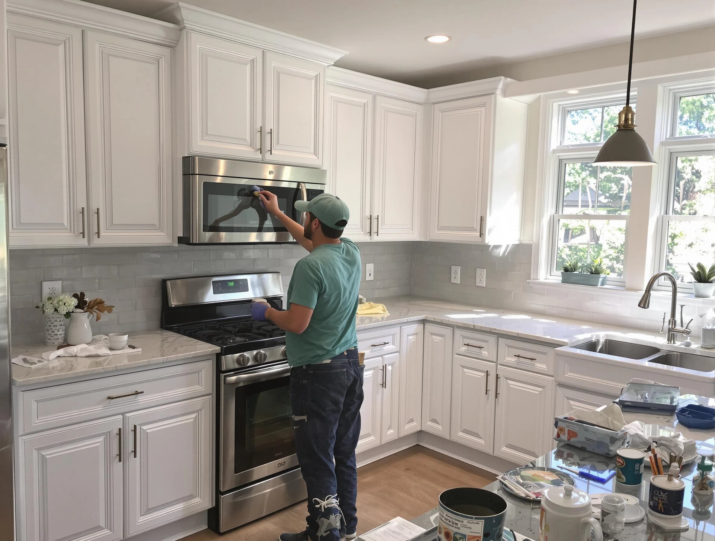 Kitchen cabinets being refinished by Streetsboro House Painters in Streetsboro, OH