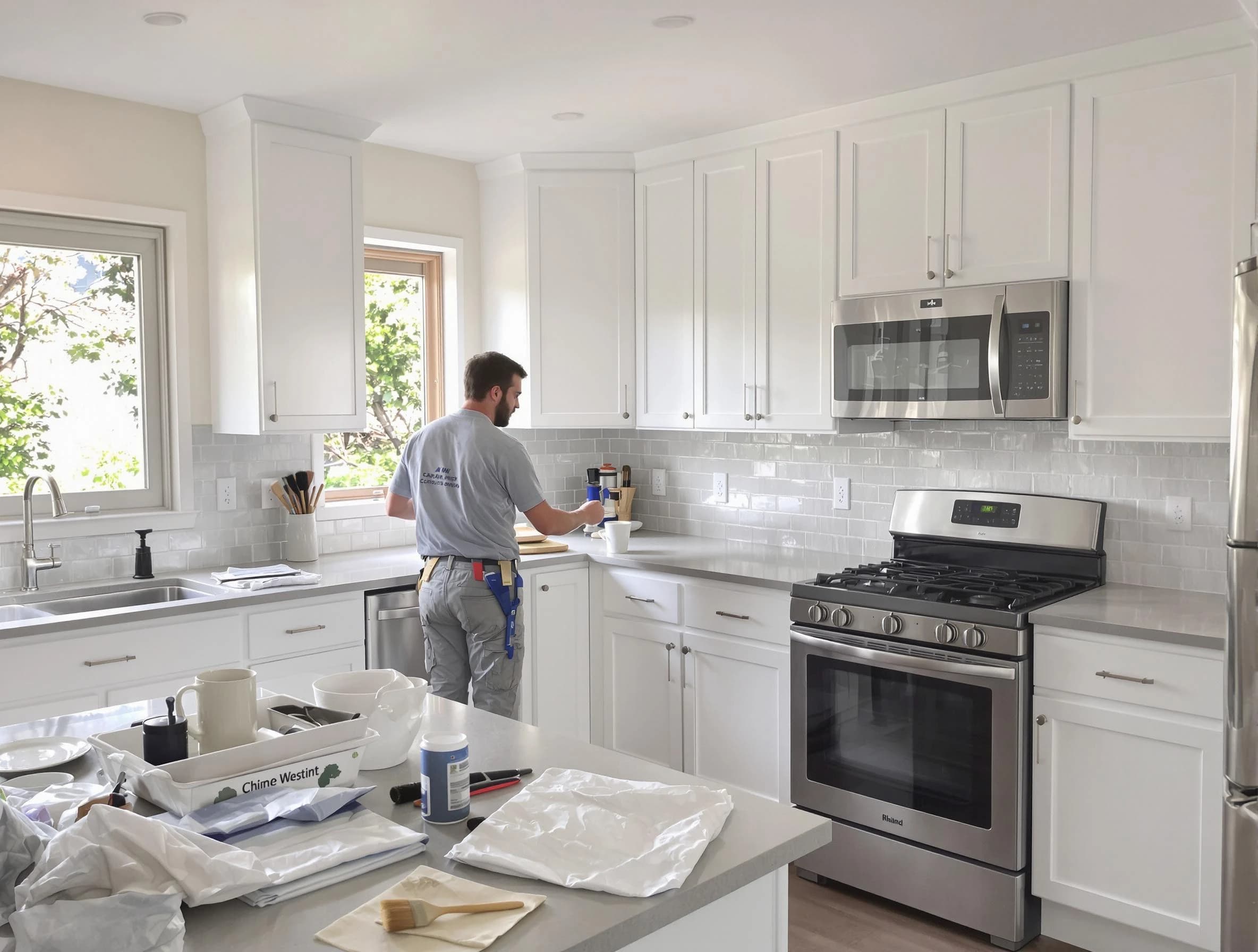 Streetsboro House Painters applying fresh paint on kitchen cabinets in Streetsboro