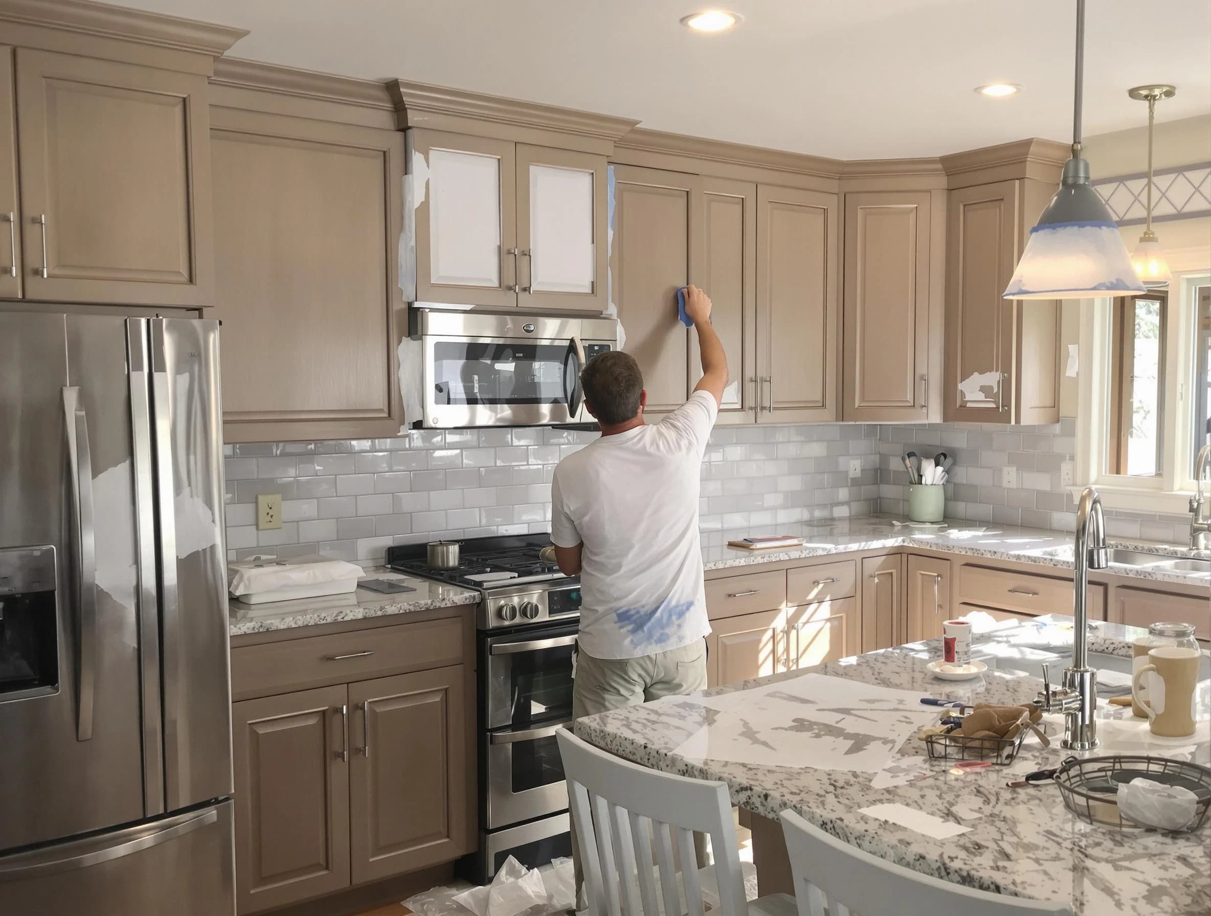 Before-and-after view of kitchen painting by Streetsboro House Painters in Streetsboro